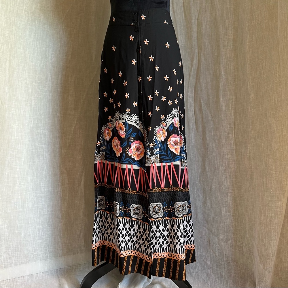 Black, Orange, and Pink Floral Maxi Skirt.